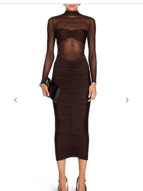 Sheer Long Sleeve Ruched Midi Dress in Brown